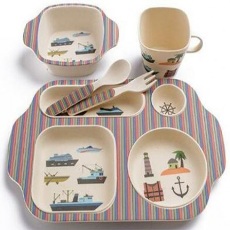 Детская бамбуковая посуда с сюжетом, 5 предметов, сказочный остров