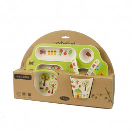 Детская бамбуковая посуда с сюжетом, 5 предметов, избушка в саду